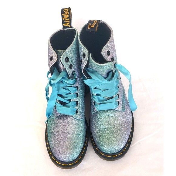 DR. MARTENS Pascal 8-Eye Boots Fine Blue Glitter Combat Ribbon Laces Sz7 New - Picture 2 of 10